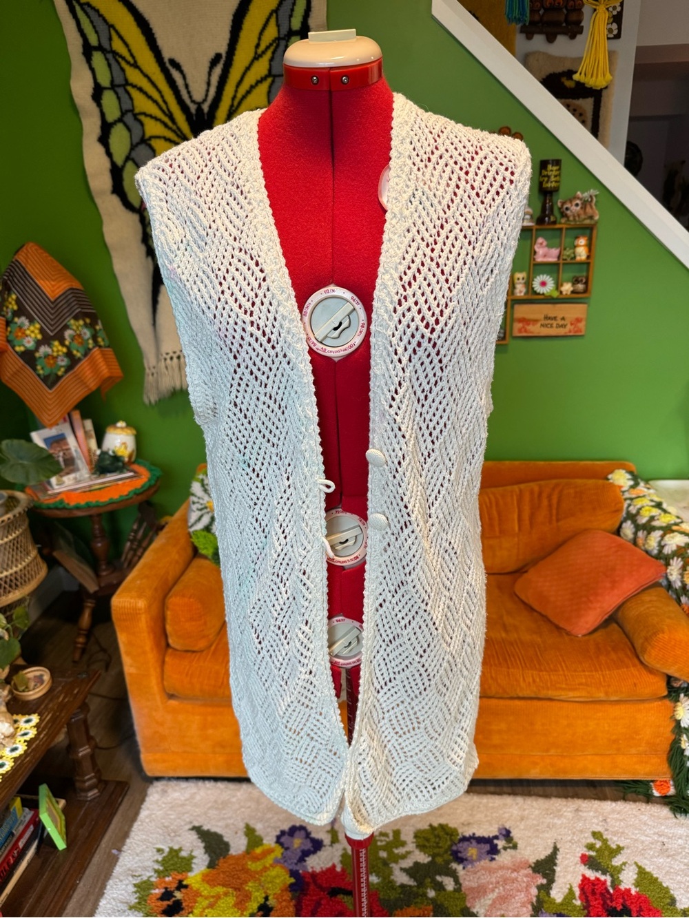 Vintage Ivory Open-Knit Sleeveless Tunic Vest